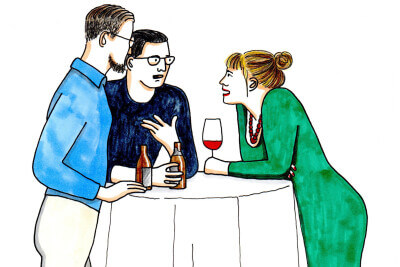 Zeichnung von Personen, die an einem Partytisch stehen, Wein trinken und sich unterhalten