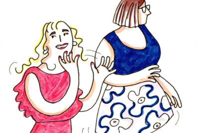 Zeichnung von festlich gekleideten und tanzenden Frauen